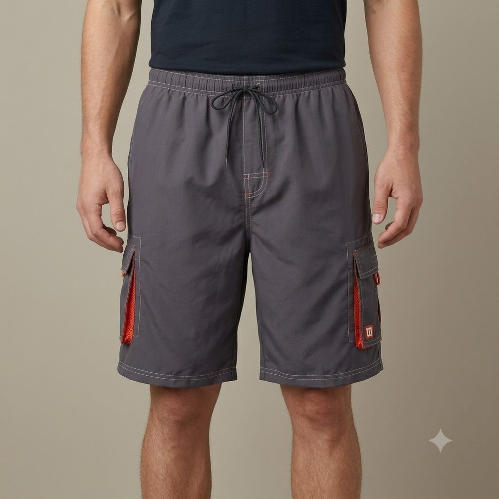 Wilson Cargo Shorts Mens XL‎ Gray Orange Performance Athletic Mesh Lined